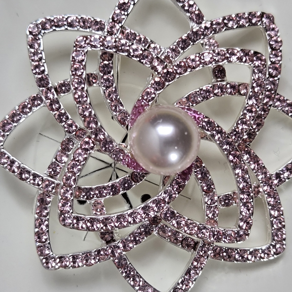 Napier Pink Flower Shaped Jeweled Bling Brooch with White Pearl Center New Boxed